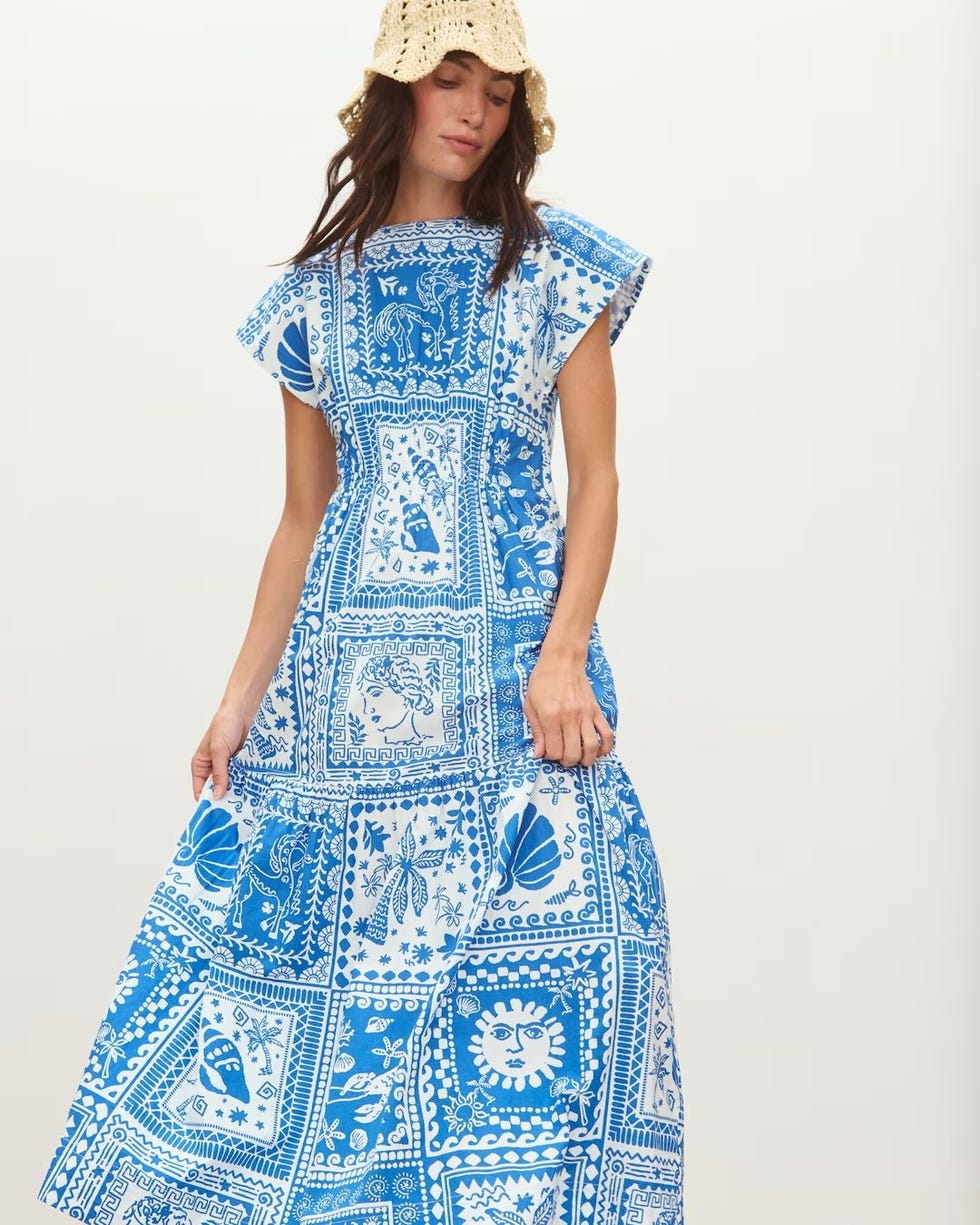 Blue & White Tile Print Poplin Dress 