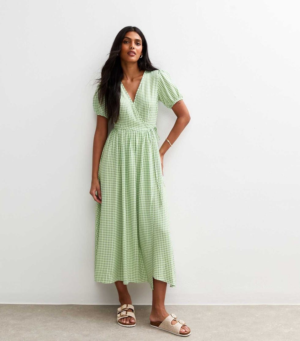 Green Gingham Wrap Tie Dress