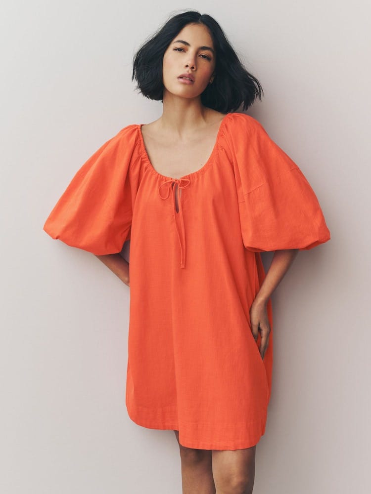 100% Cotton Puff Sleeve Mini Dress