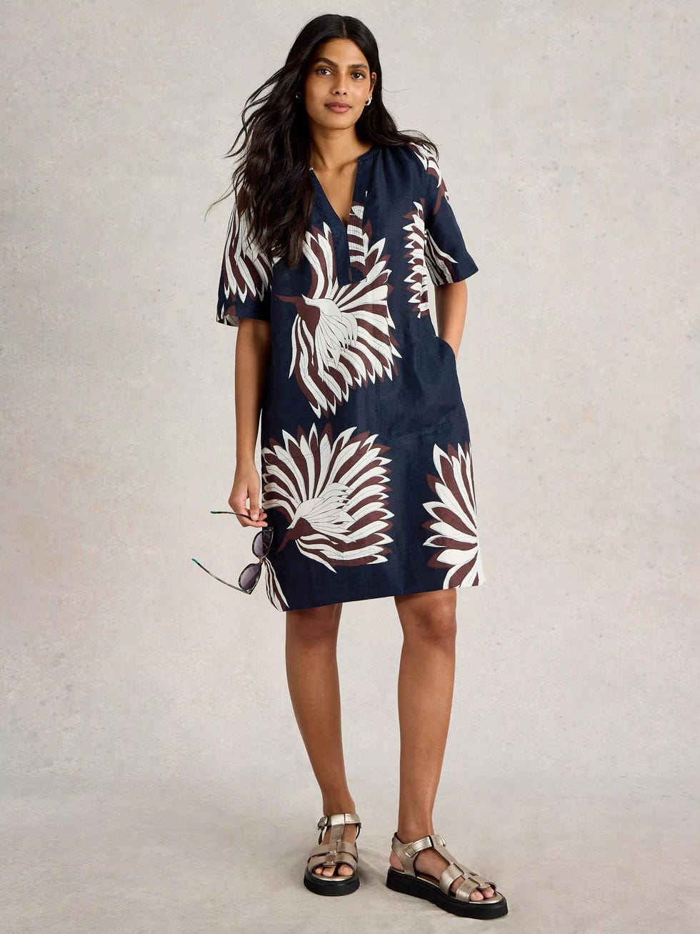 White Stuff June Floral Pure Linen Dress