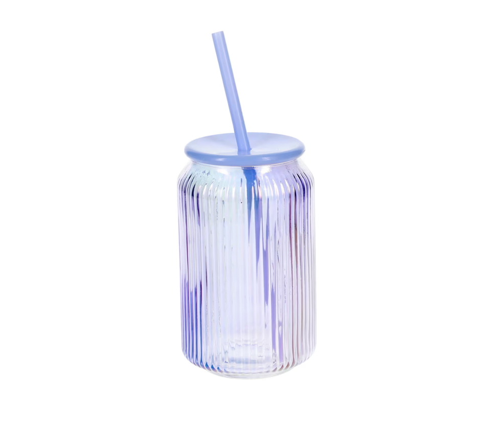 Iridescent Glass Cup with Lid and Straw, 15 oz.