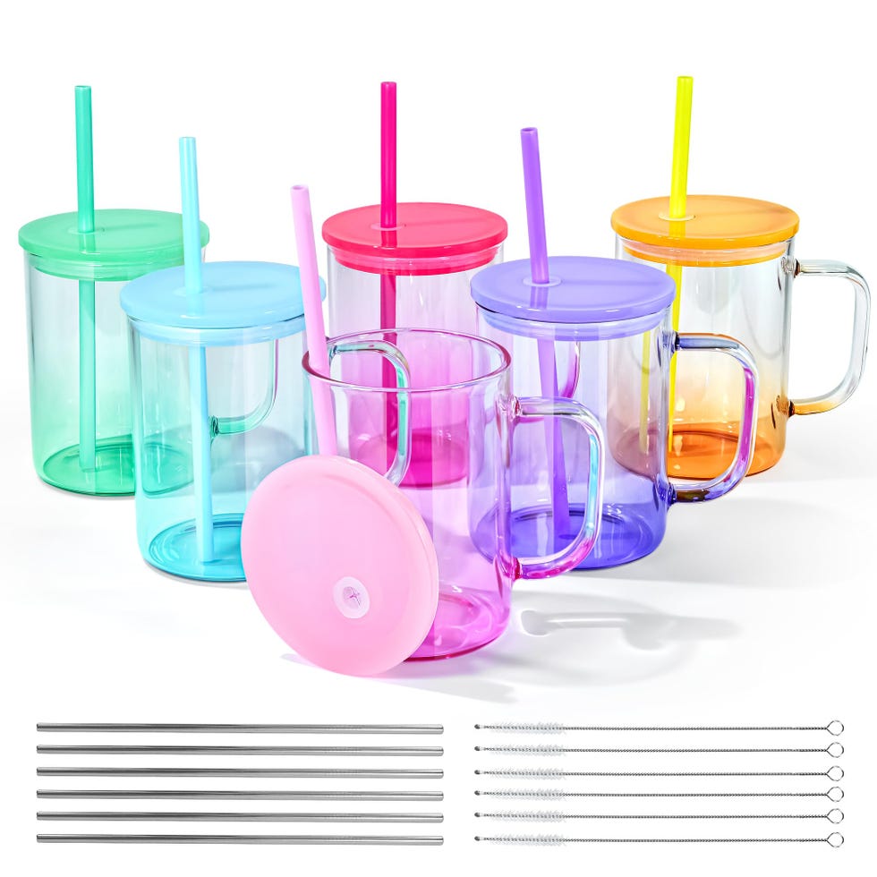 Gradient Colorful Glass Cups with Lid and Straw - Set of 6