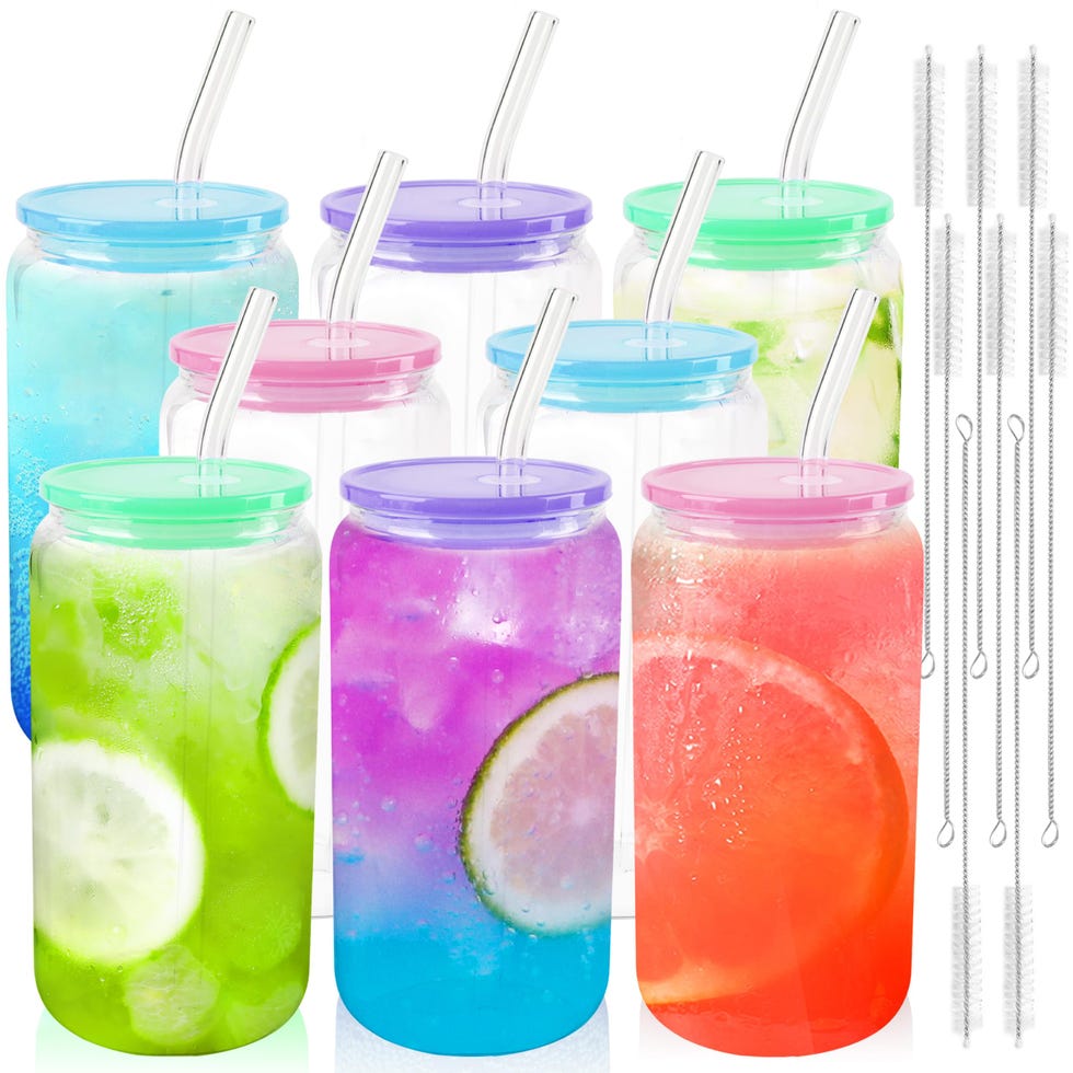 Glass Cups with Acrylic Lids and Straws - Set of 8 