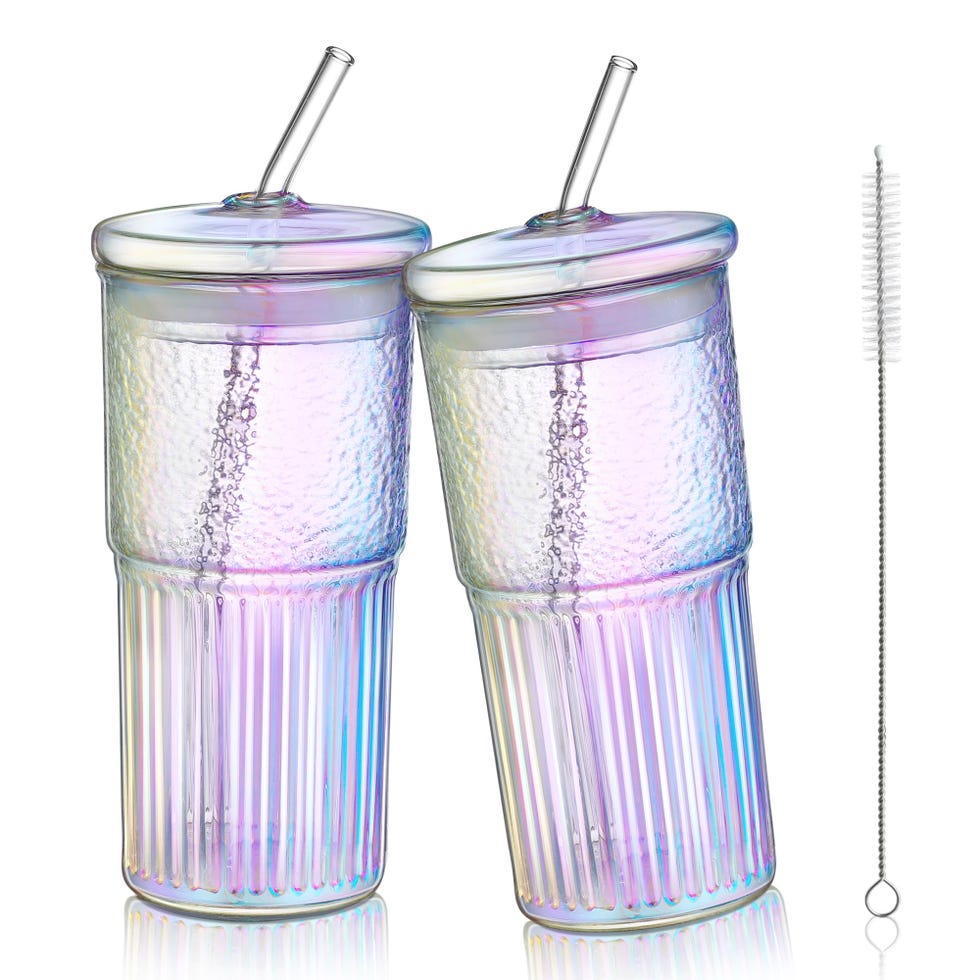 Iridescent Glass Tumbler with Straw and Lid - Set of 2