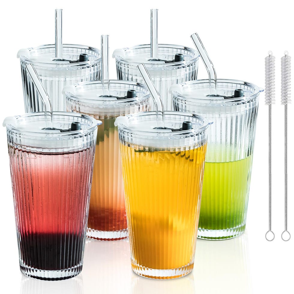 Ribbed Glassware with Lids and Straws - Set of 6