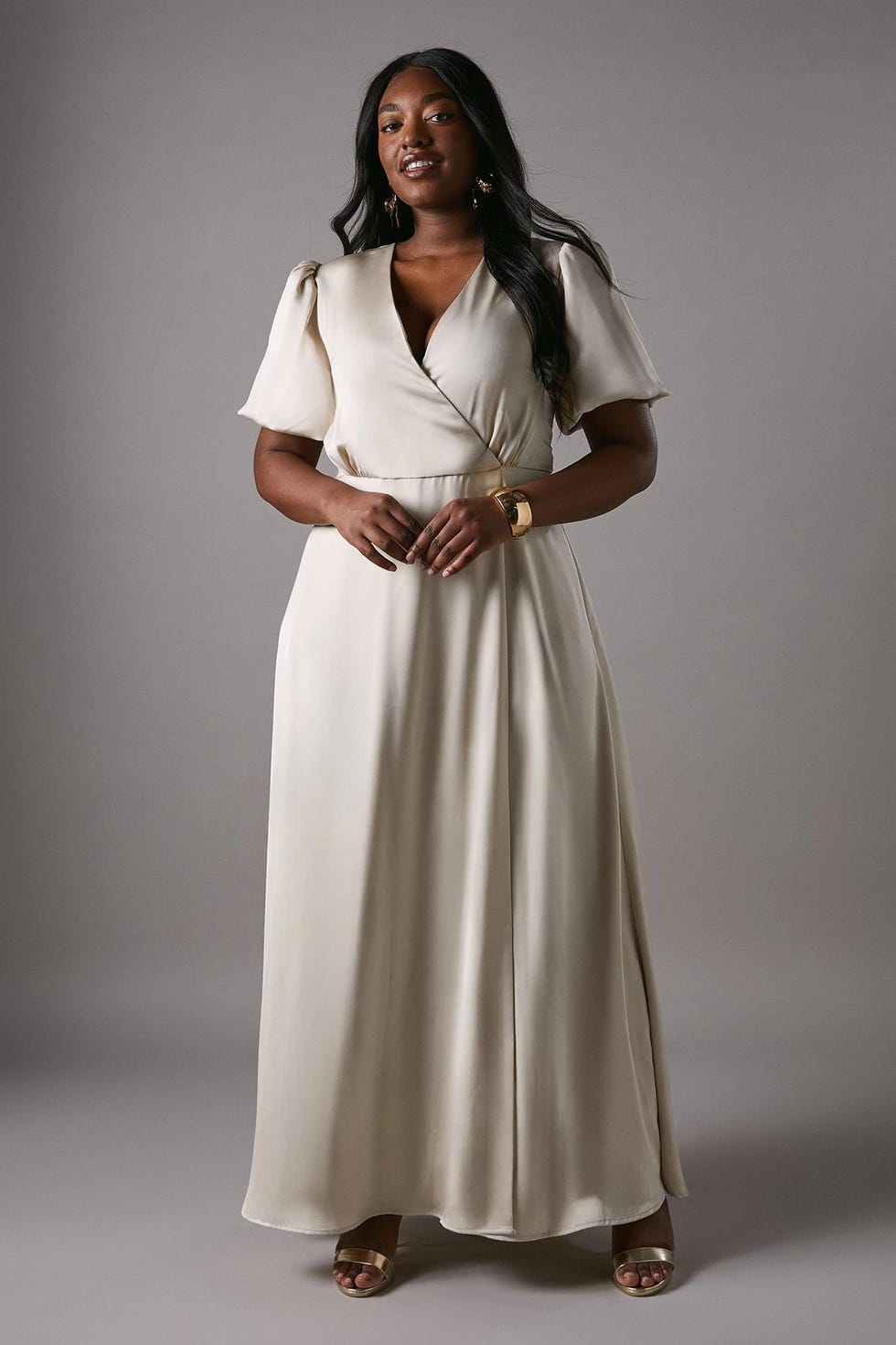 The Plus Size One: A-line, fluted sleeve dress in champagne