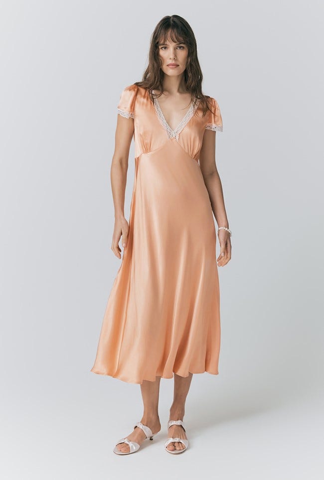 The Empire Line One: Lillie dress with lace trim in peach (also available in lemon yellow and ivory) 