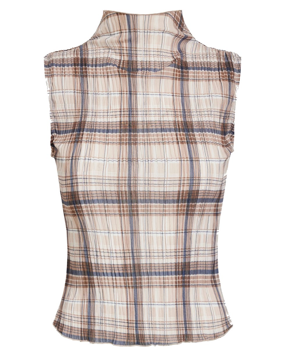 Ford Plaid Funnel Neck Plissé Top