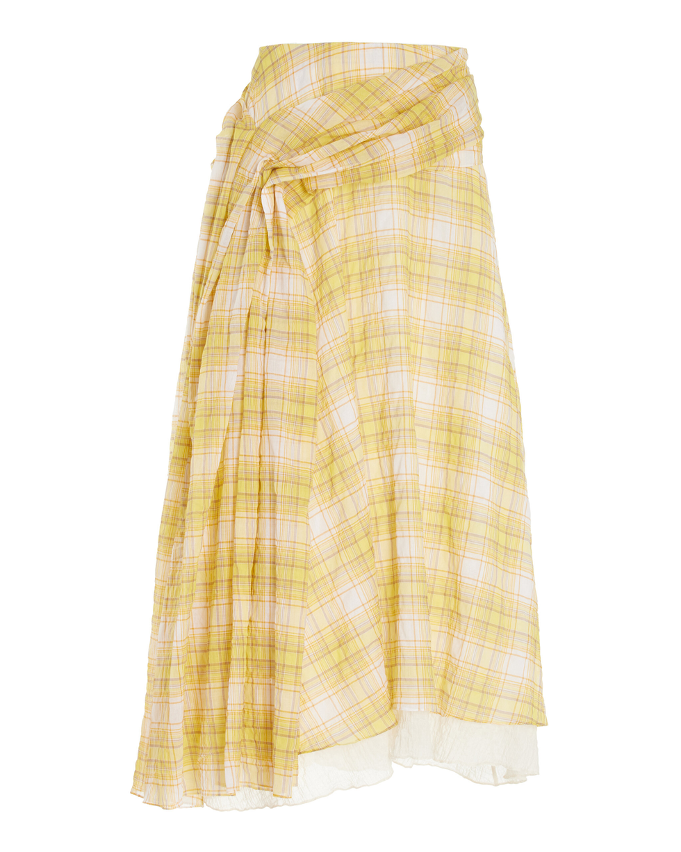 Draped Plaid Stretch-Cotton Midi Skirt