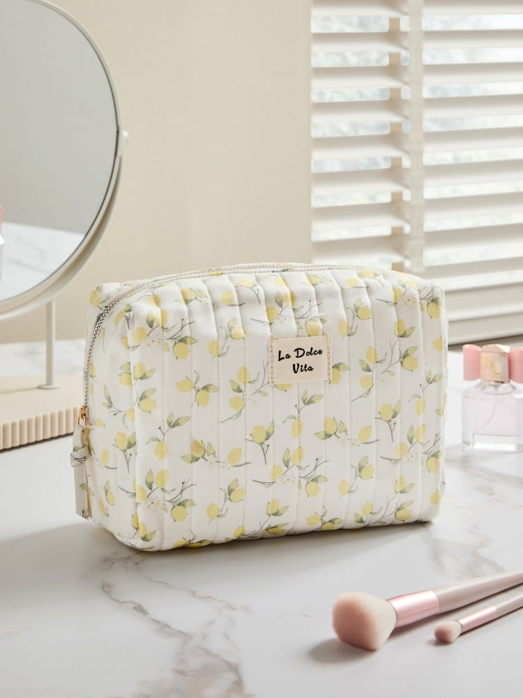 Lemon Print and Gingham Reversible Makeup Bag