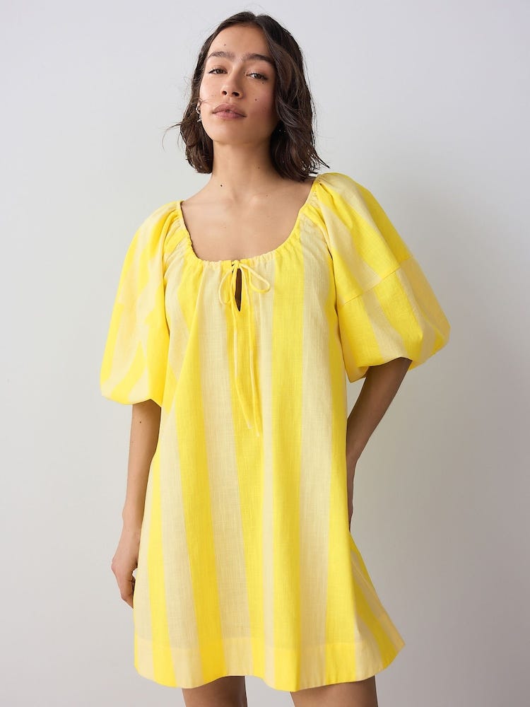 Yellow Stripe 100% Cotton Puff Sleeve Tie Front Mini Dress