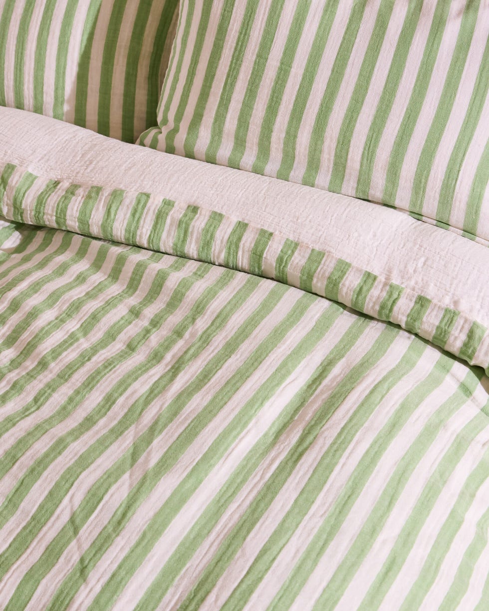 Green Muslin Striped Duvet Cover Set Double