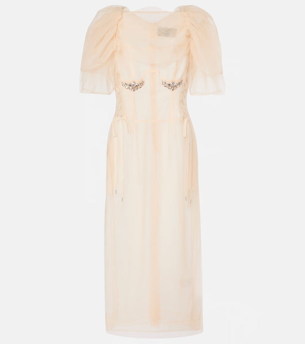 Vestido midi de malla fruncida y adornado
