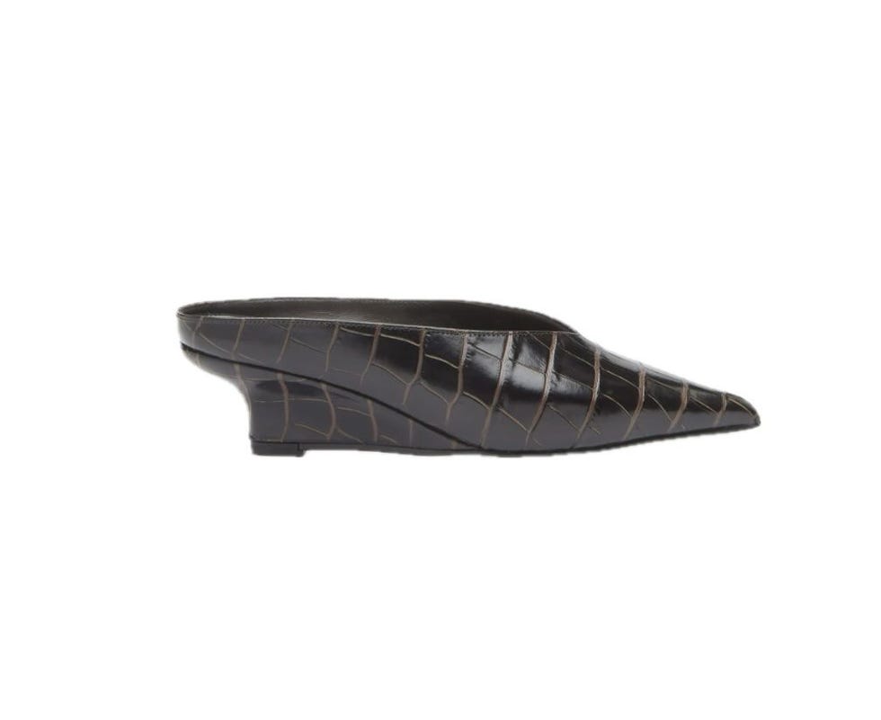 Sharp Croco-Embossed Wedge Mules