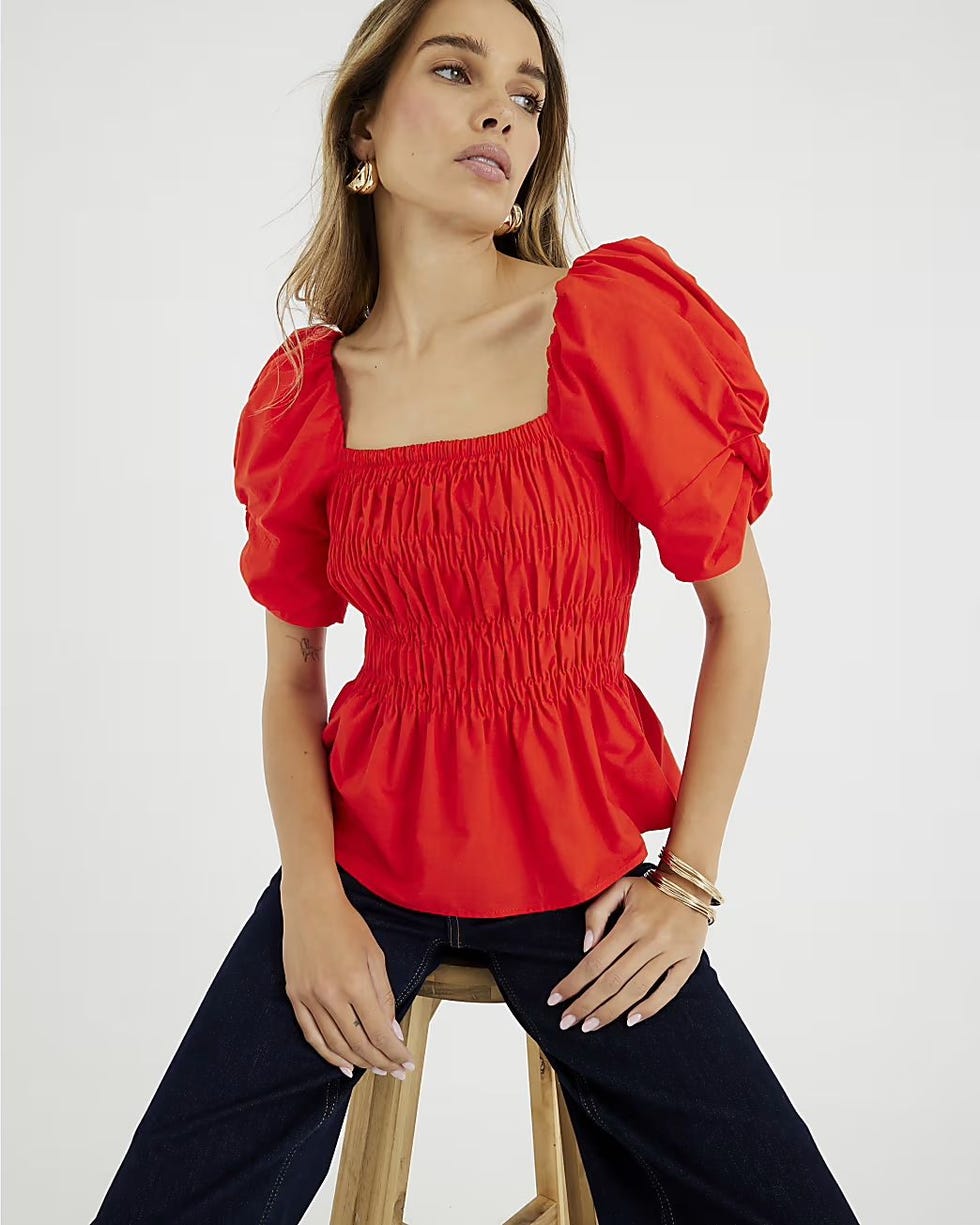 Red Short Puff Sleeve Shirred Top