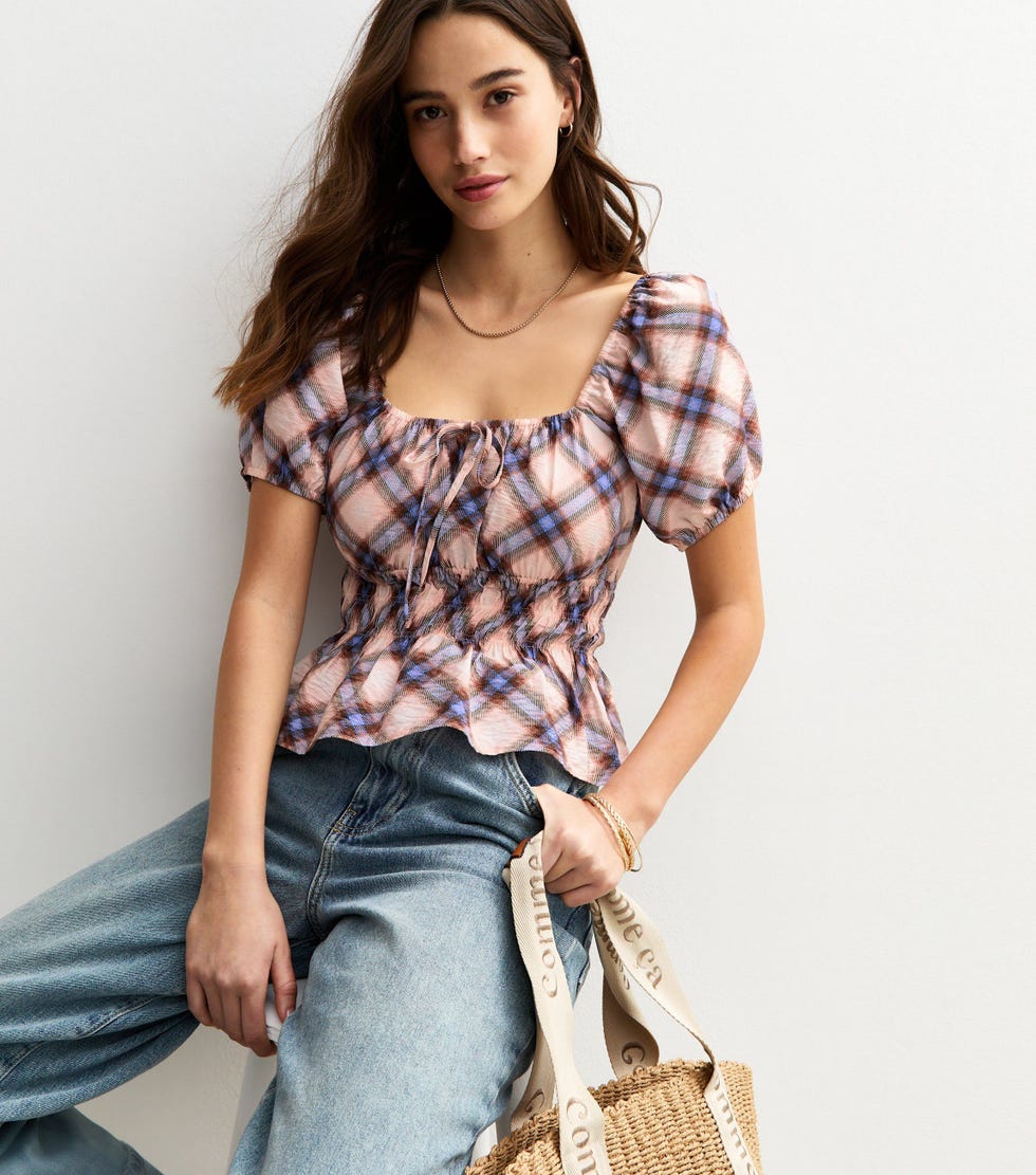 Brown Checked Milkmaid Top