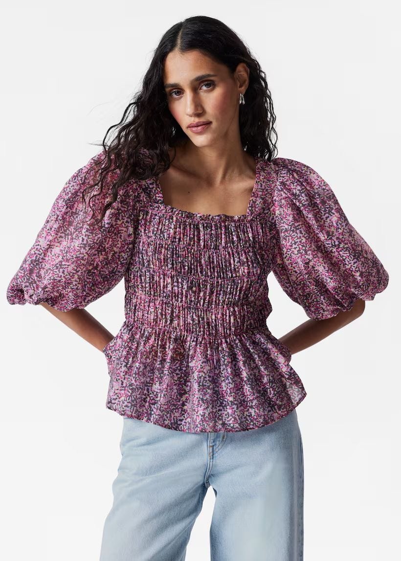 Smocked Puff-Sleeve Blouse