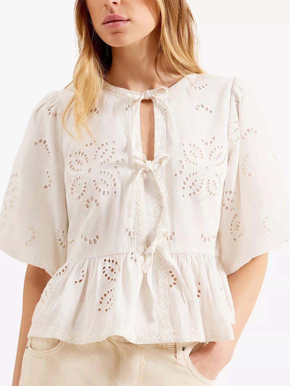 Puff-Sleeve Broderie Cotton And Linen-Blend Blouse