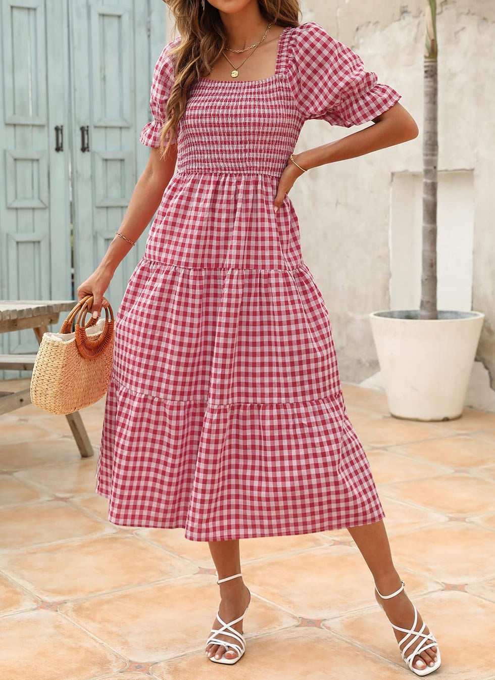 Summer Plaid Puff Sleeve Midi Dress