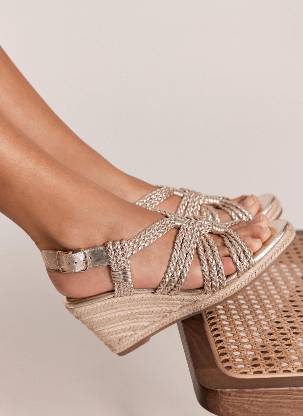 Gold Leather Rope Wedge Heels