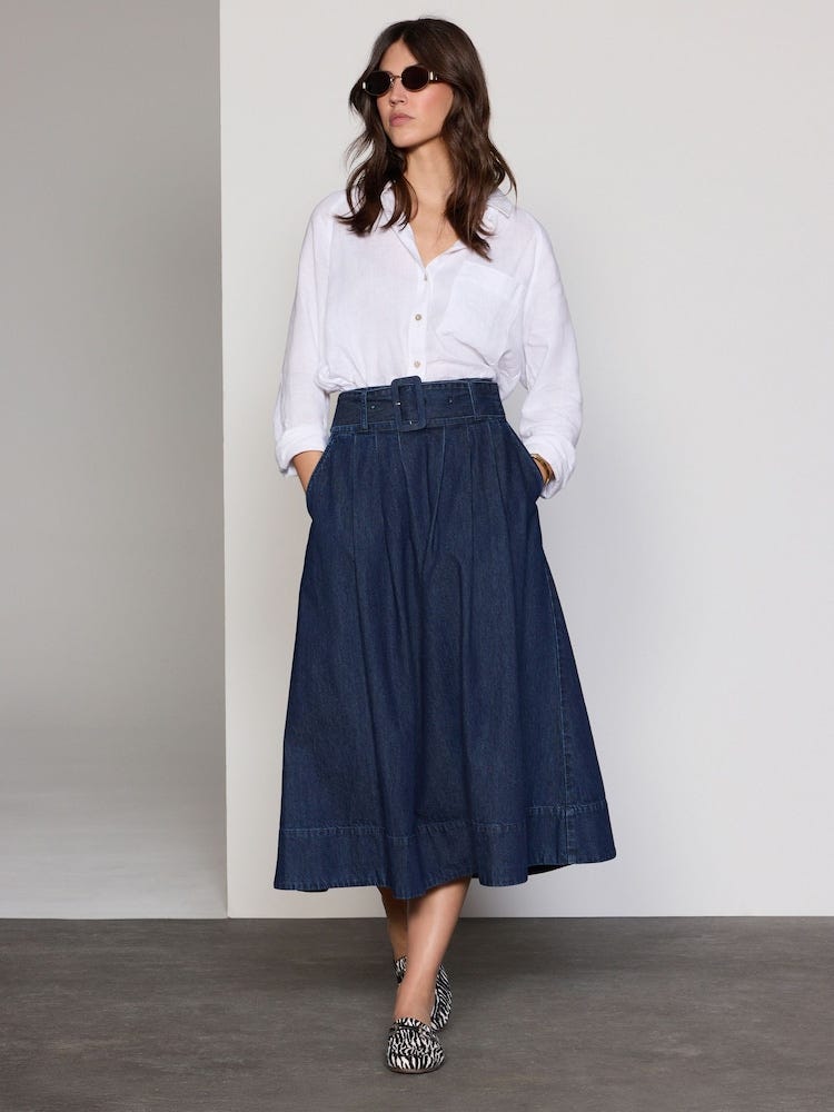 Belted Midi Denim Pleated Skirt