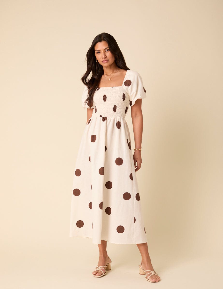 White Polka Dot Linen-blend Tasmin Midi Dress, £89