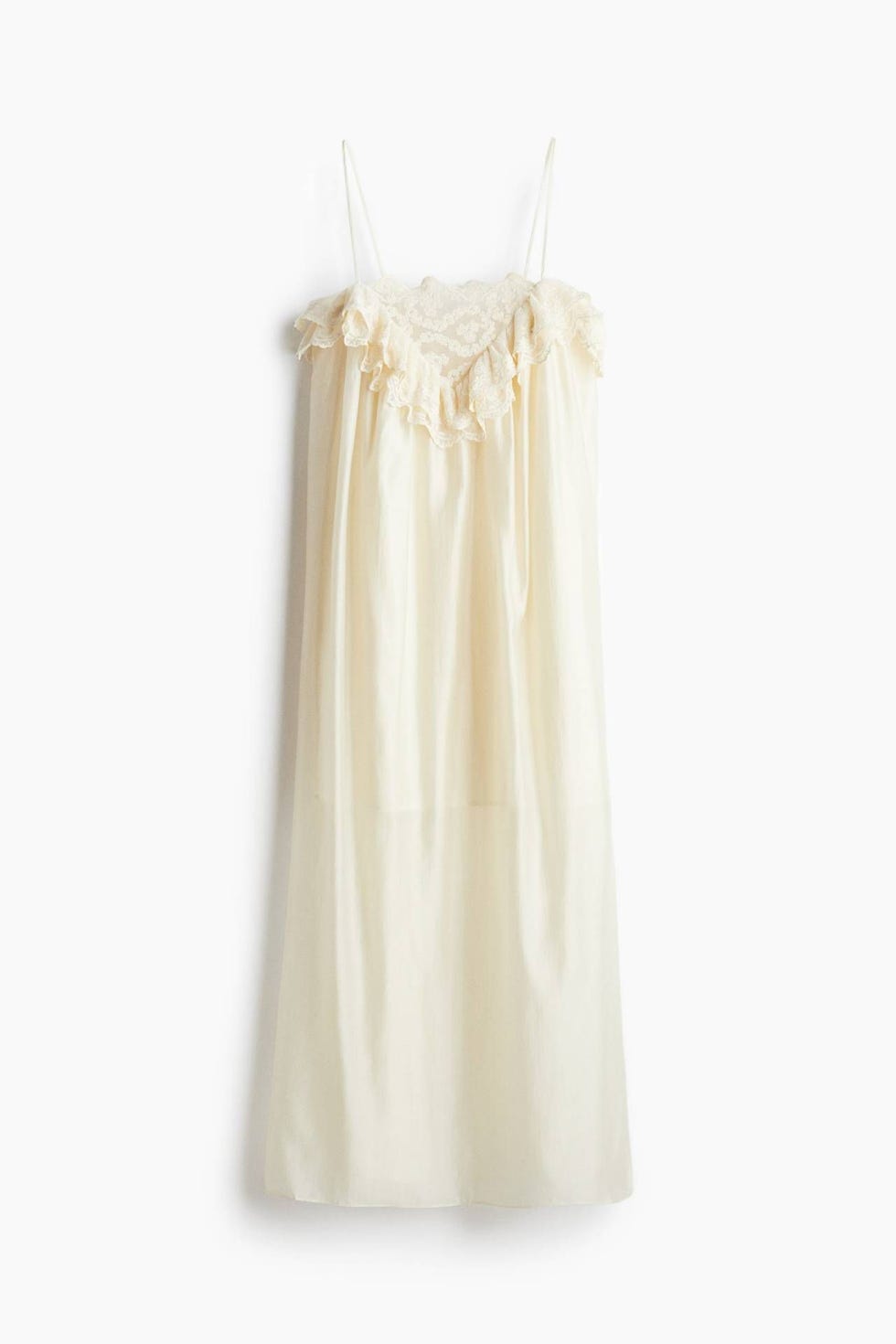 Vestido lencero en color crema con tirantes finos y escote con volantes de encaje