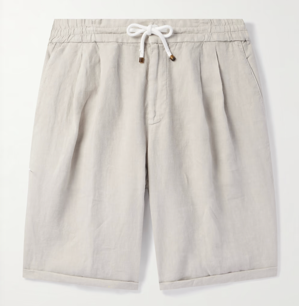 Pleated Linen Drawstring Bermuda Shorts