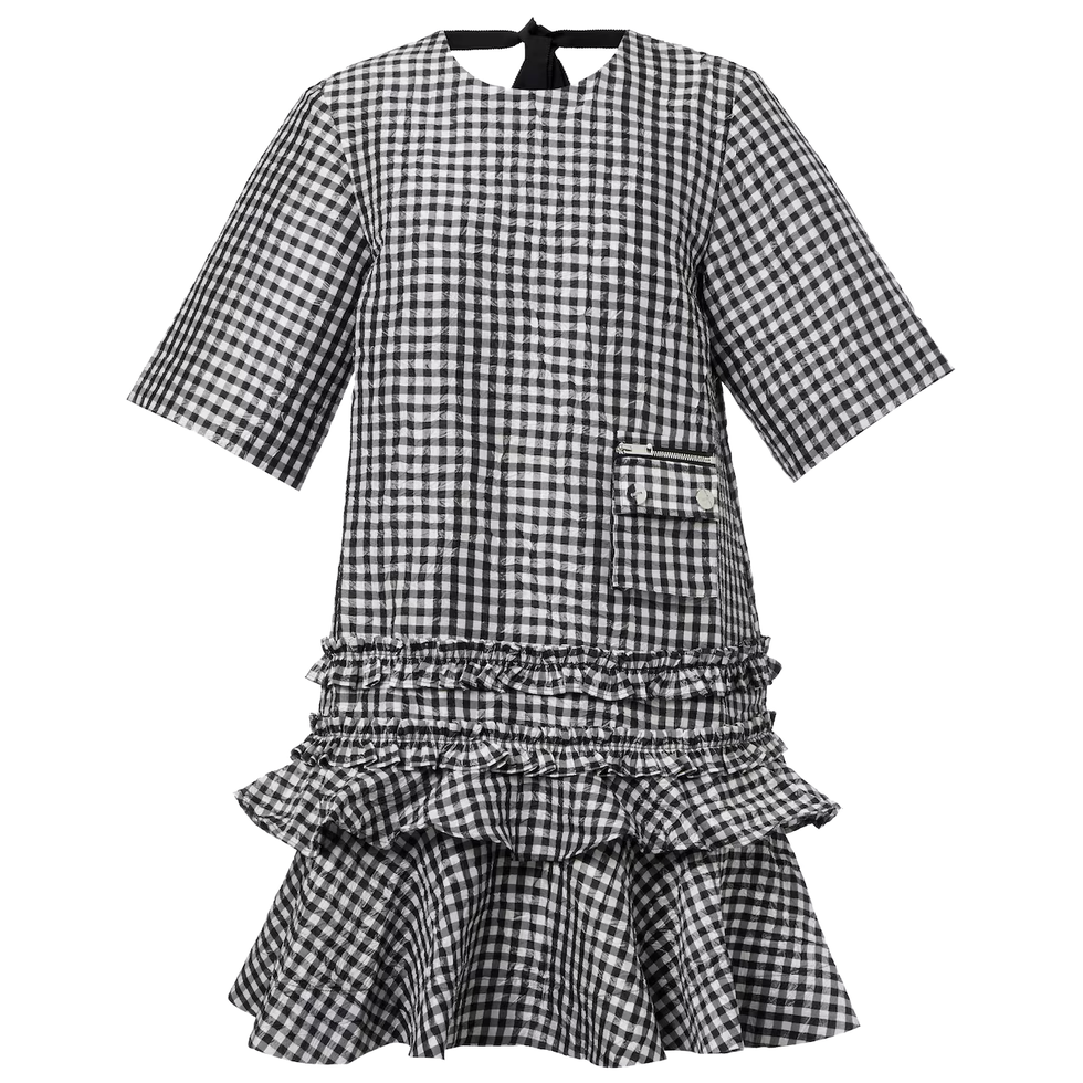 Gingham geplooide minijurk