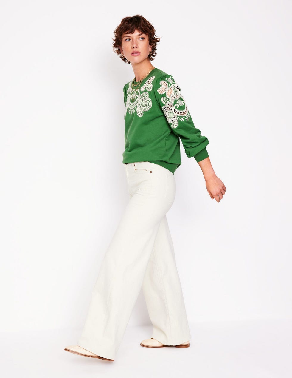 Puff Sleeve Cutwork Sweatshirt in Paradise Green