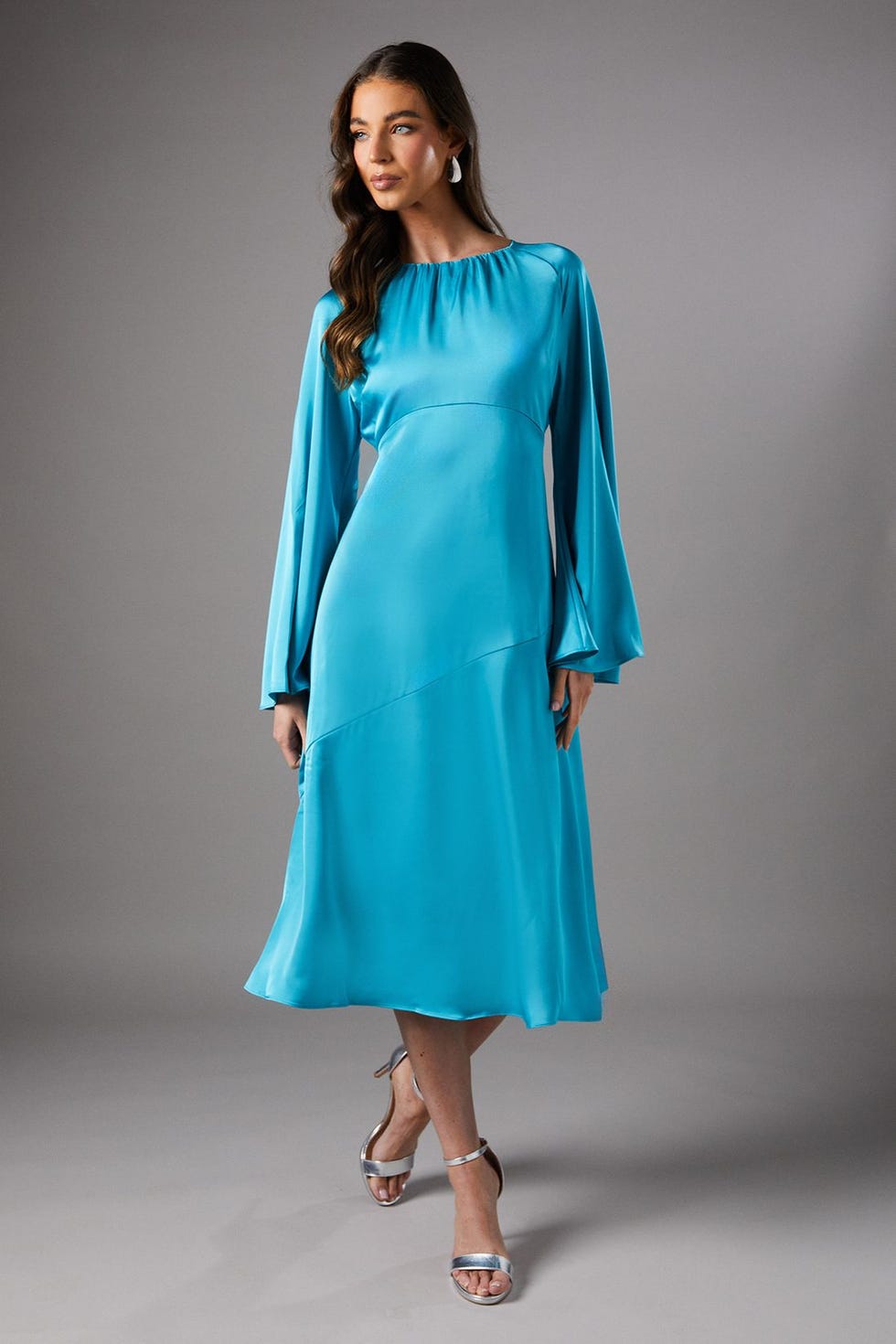 Flare Sleeve Satin Shift Dress