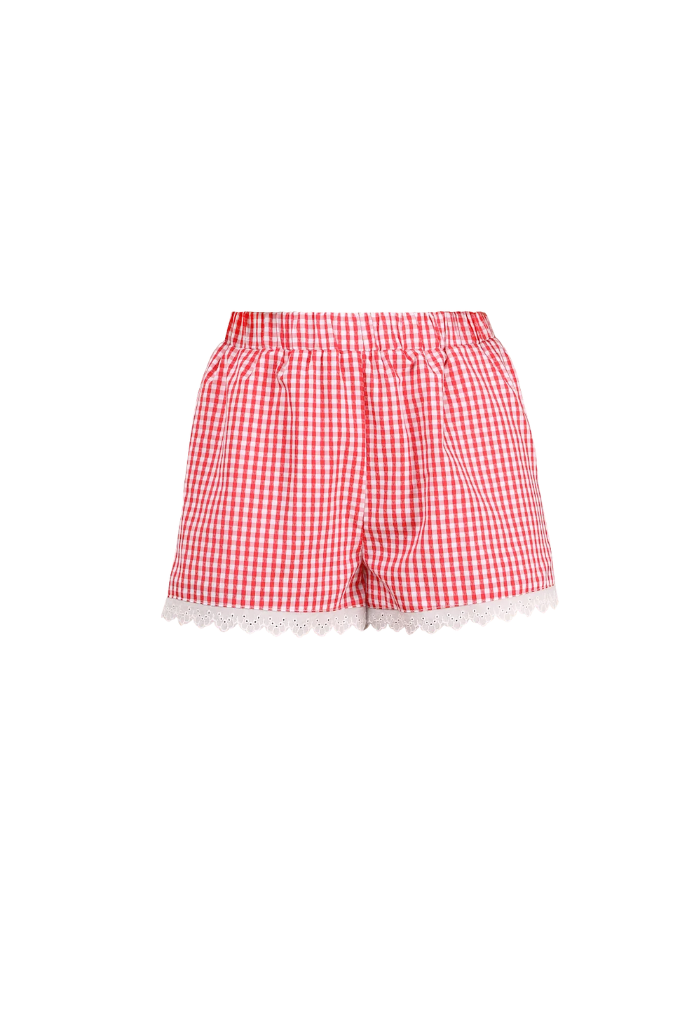 Marija rode geruite korte broek met schelpjes