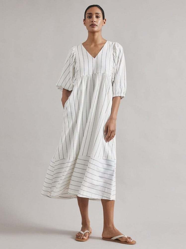 Wide Stripe Linen V-Neck White Dress