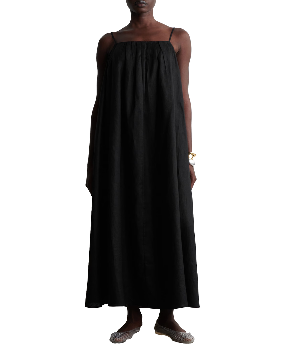 Vestido longo de linho plissado