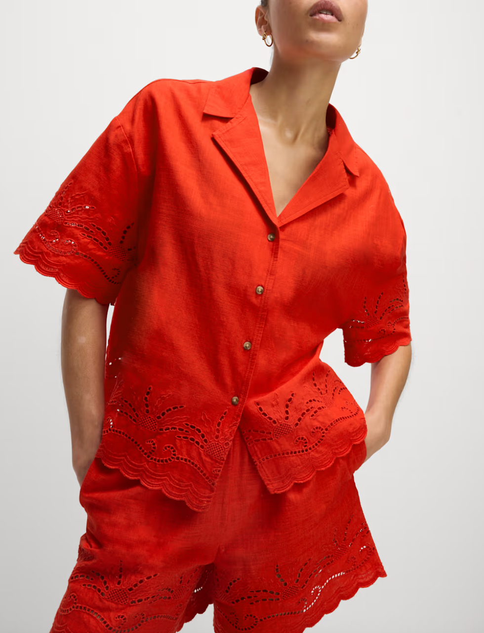 Pure Cotton Broderie Collared Button Through Beach Shirt