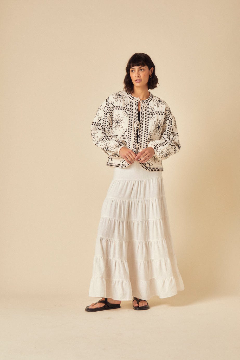 White Floral Embroidered Quilted Jacket