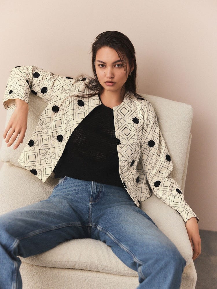 Ecru Floral Embroidered Quilted Cotton Rich Jacket
