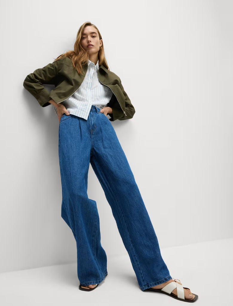  Linen Blend Denim Wide Leg Trousers