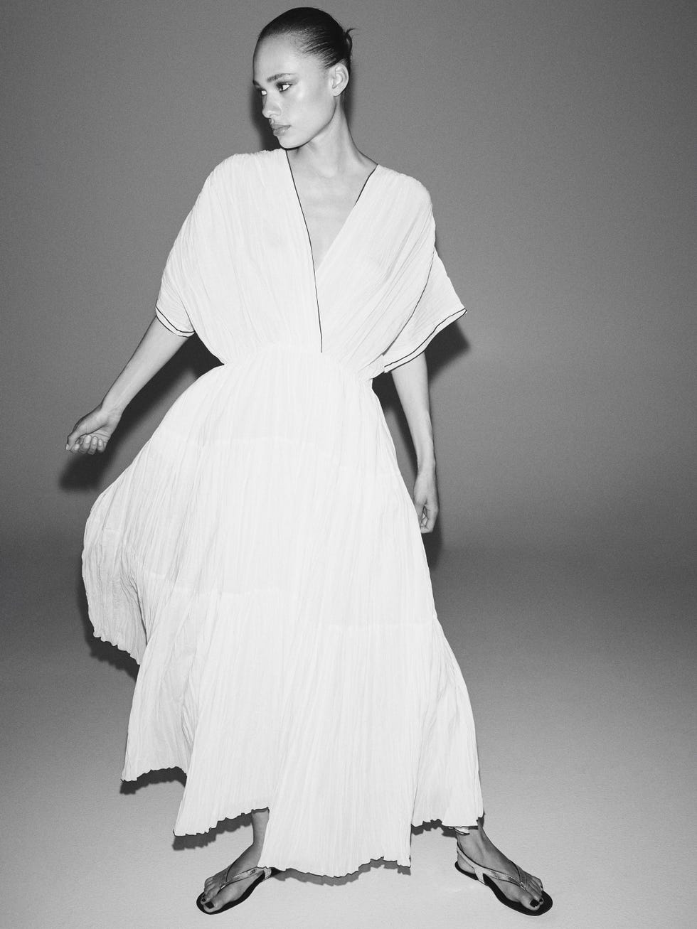 Contrast Pleated Long Cotton Dress
