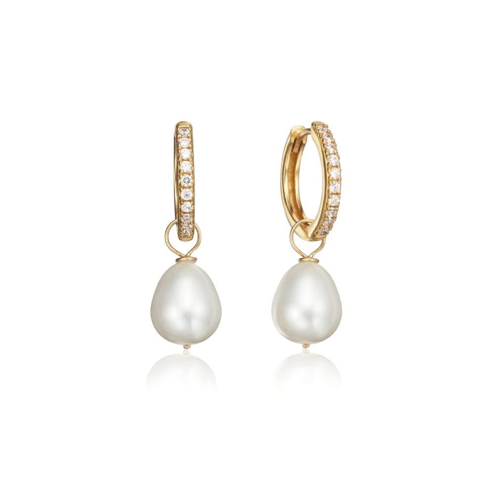 Silver Diamond Style Large Pearl Drop Hoop Earrings, £120