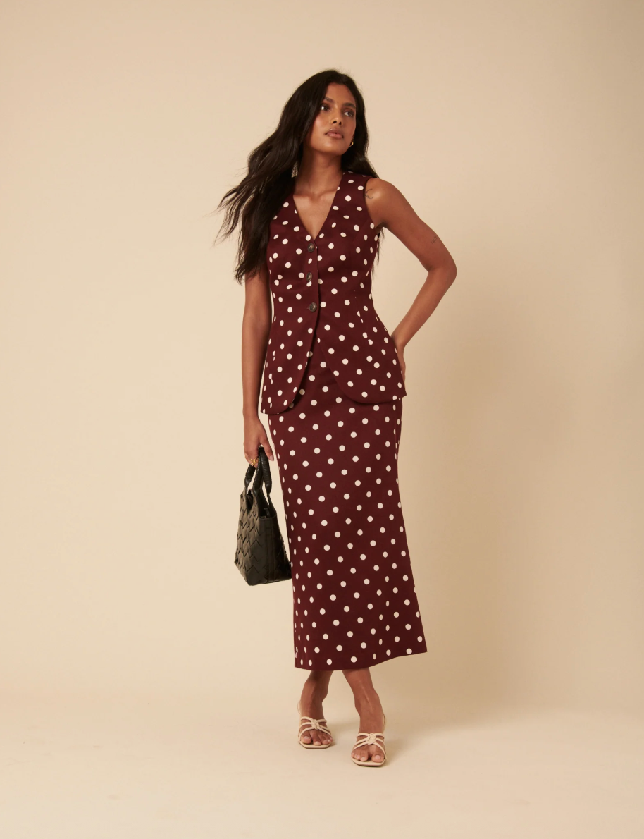 Burgundy Polka Dot Midi Skirt