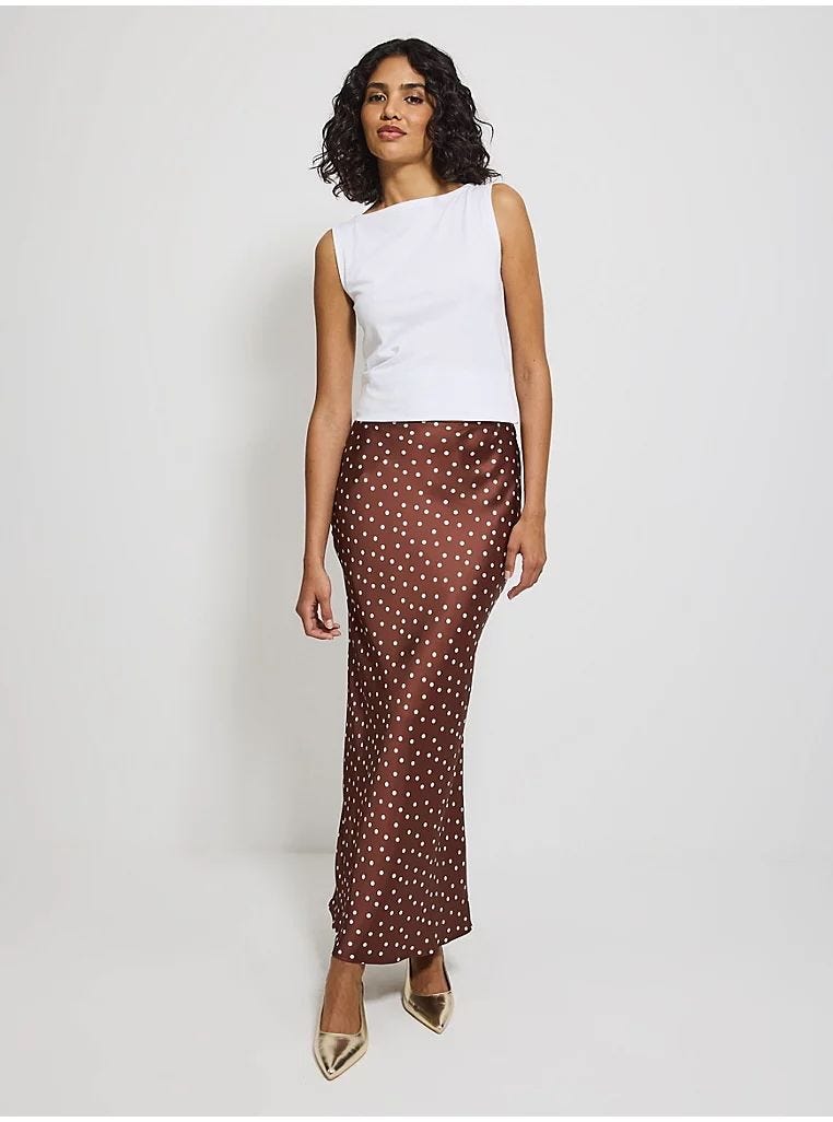 Brown Polka Dot Satin Maxi Skirt