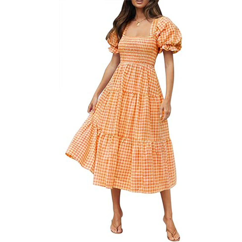 Square Neck Puff Sleeve Midi Dress