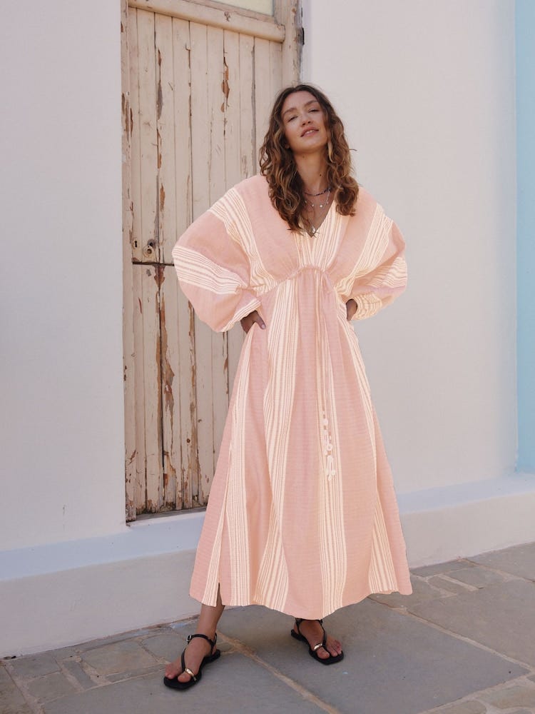 Pink/White Maxi Long Sleeve Kaftan Cover-Up