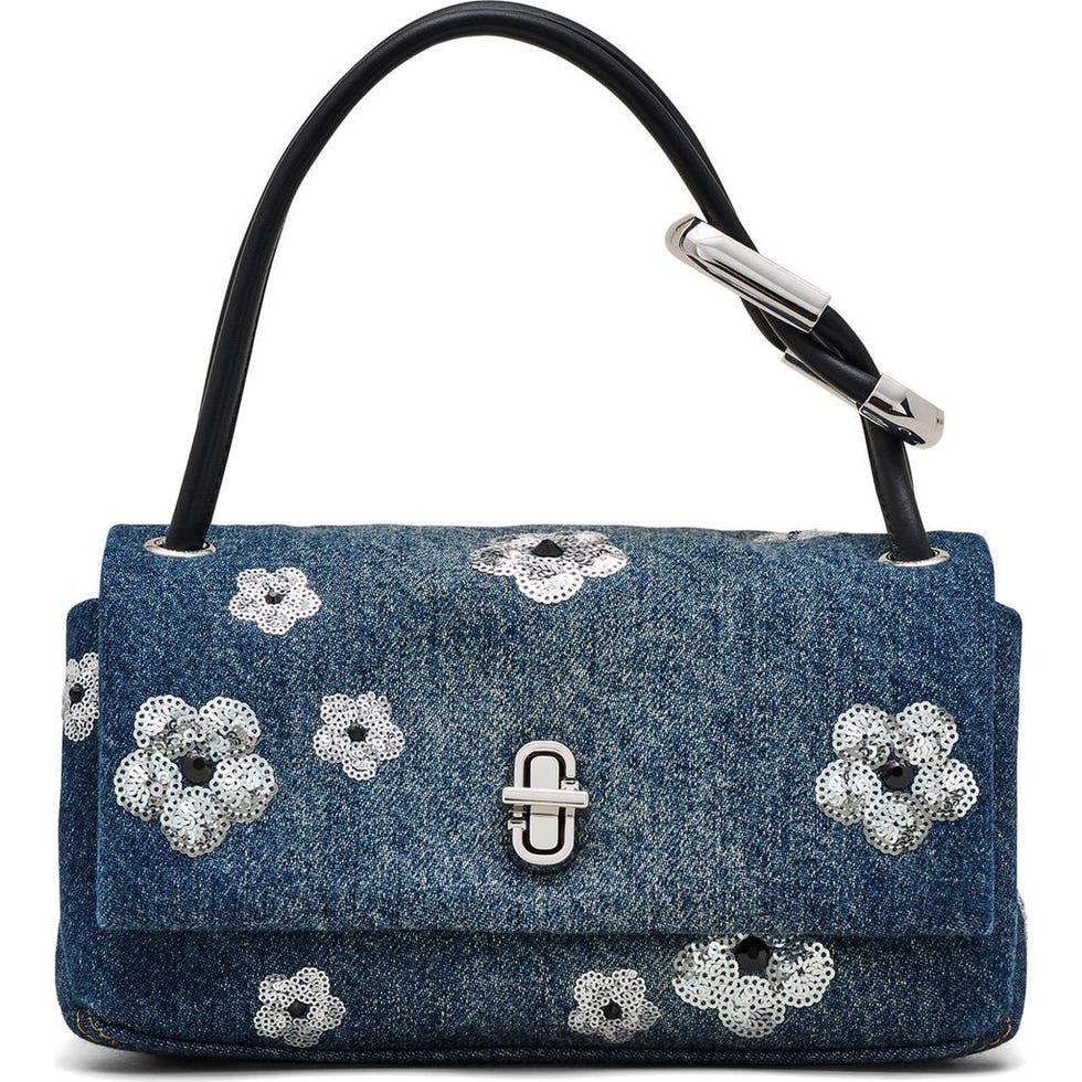 Borsa a mano con doppia paillettes e margherite in denim