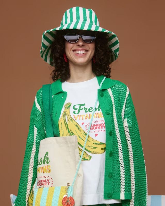 Green & White Striped Large Floppy Bucket Hat