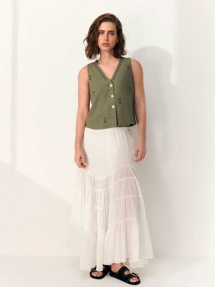 White Boho Tiered Midi Skirt