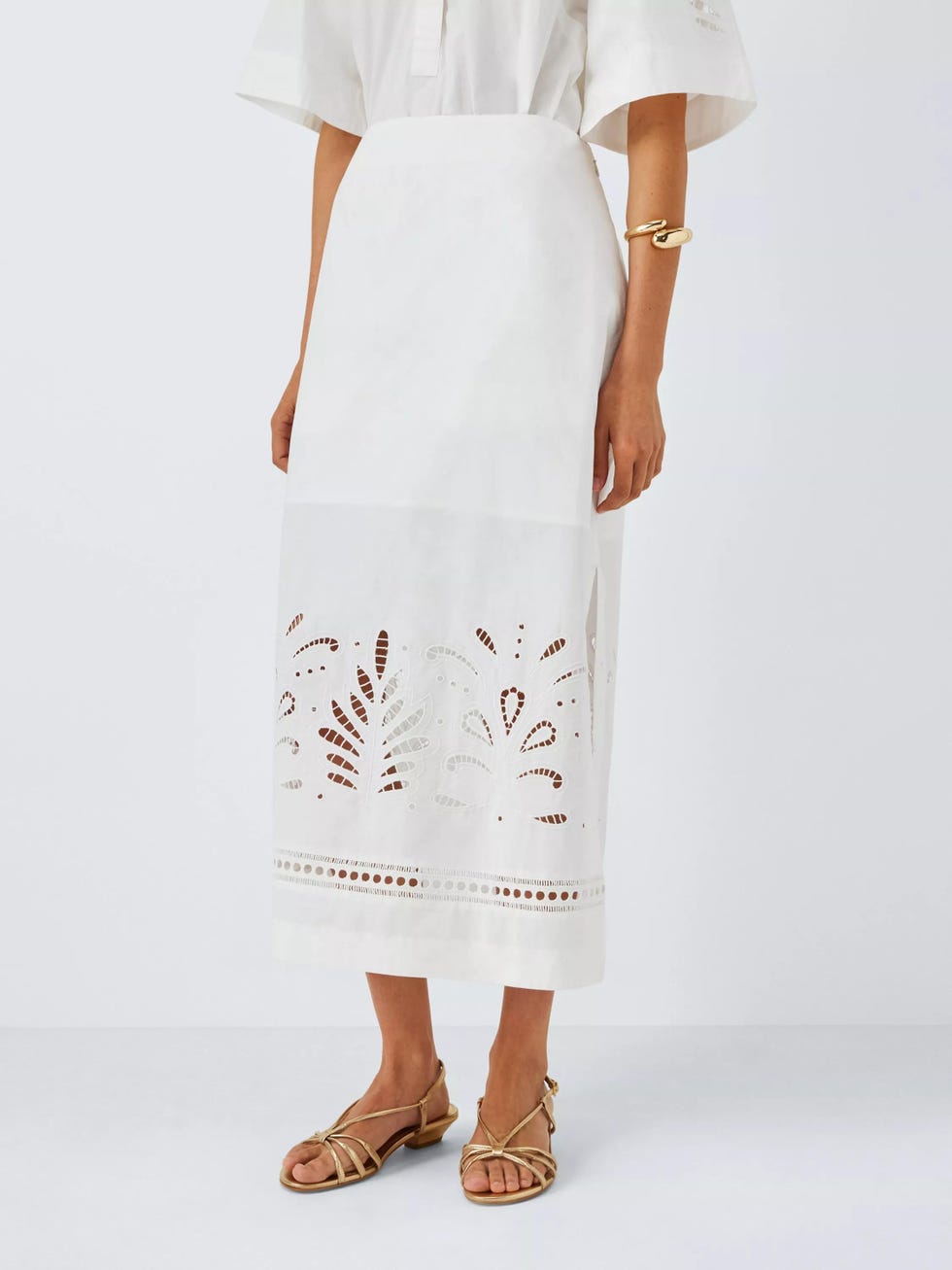 John Lewis Cutwork Hem Cotton Midi Skirt  Off White