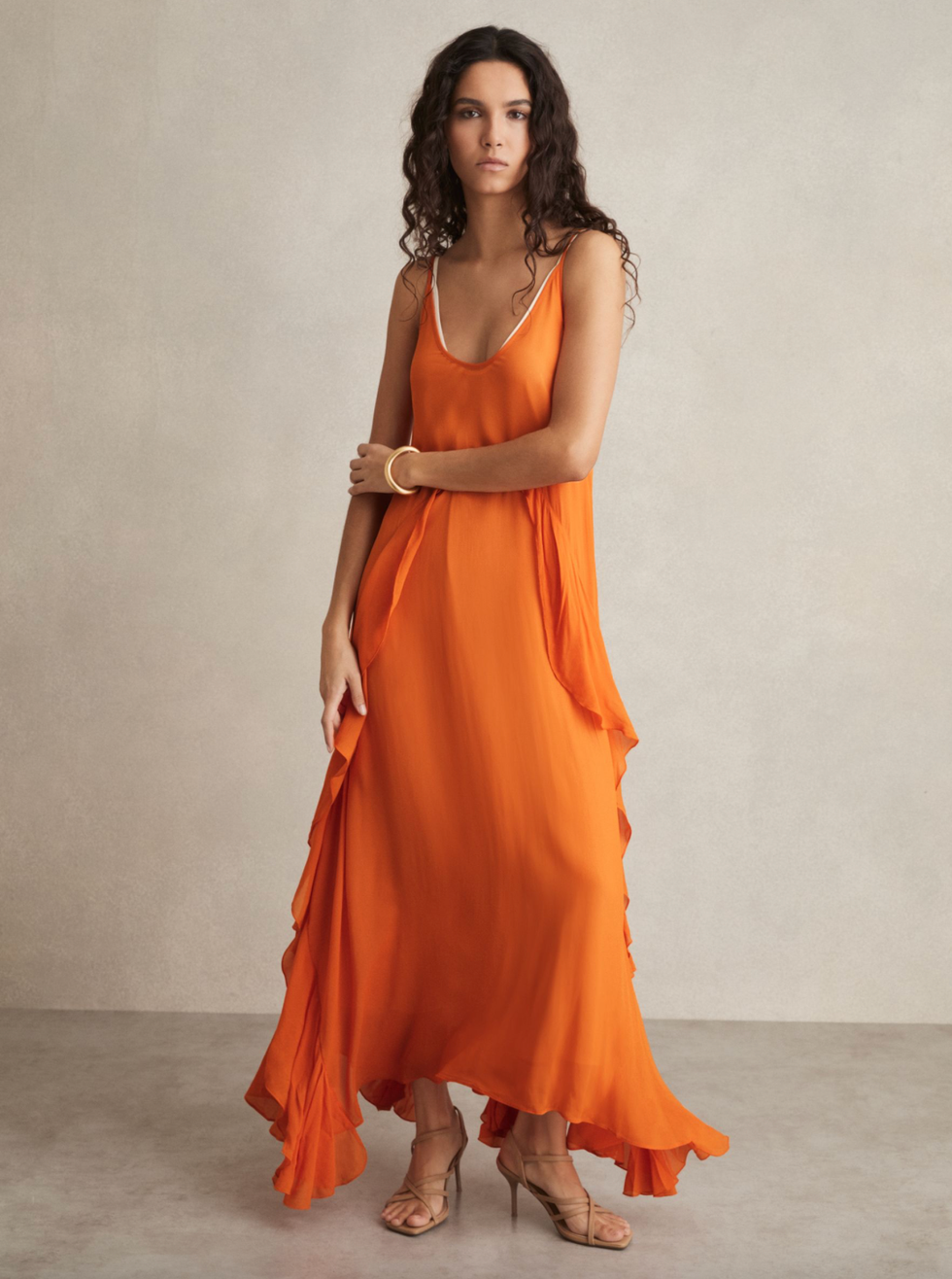 Eden ruffle detail viscose maxi dress in sunset orange
