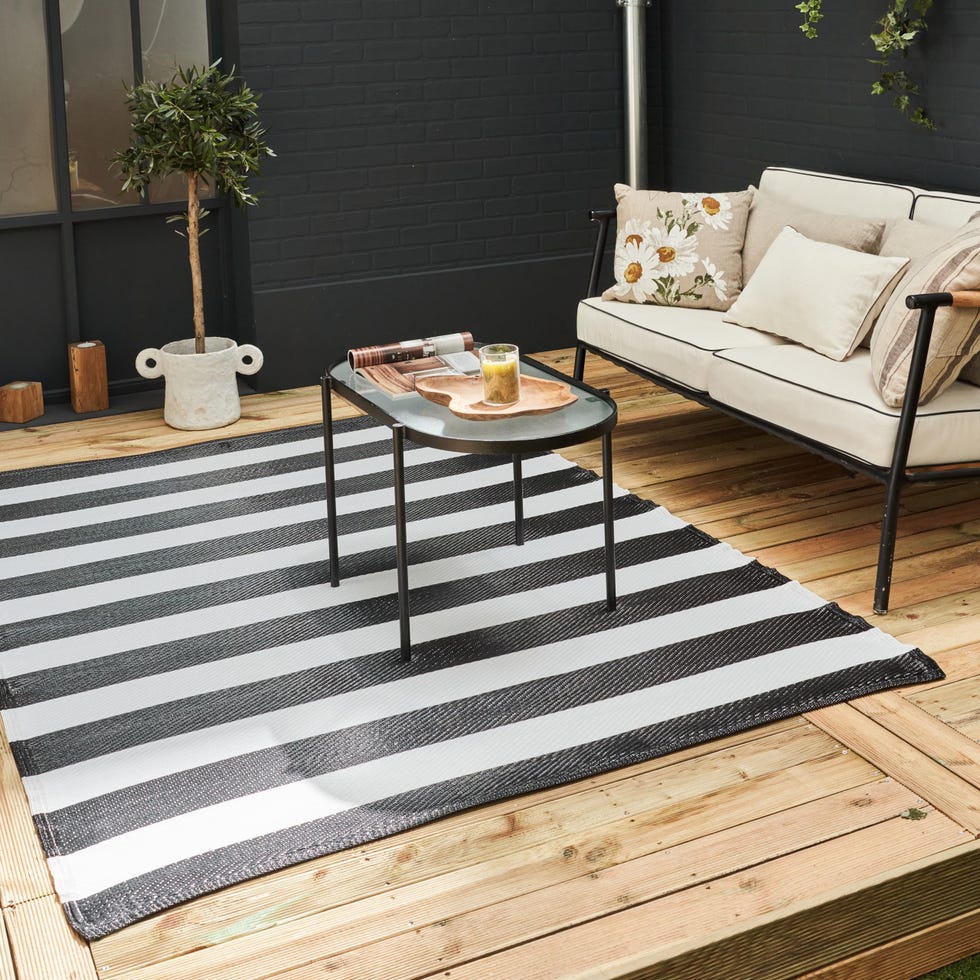  Alfombra para exteriores, rayas negro y blanco